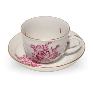 Herend raspberry rose coffee cup and saucer with pink floral pattern and gold rim, detailed view