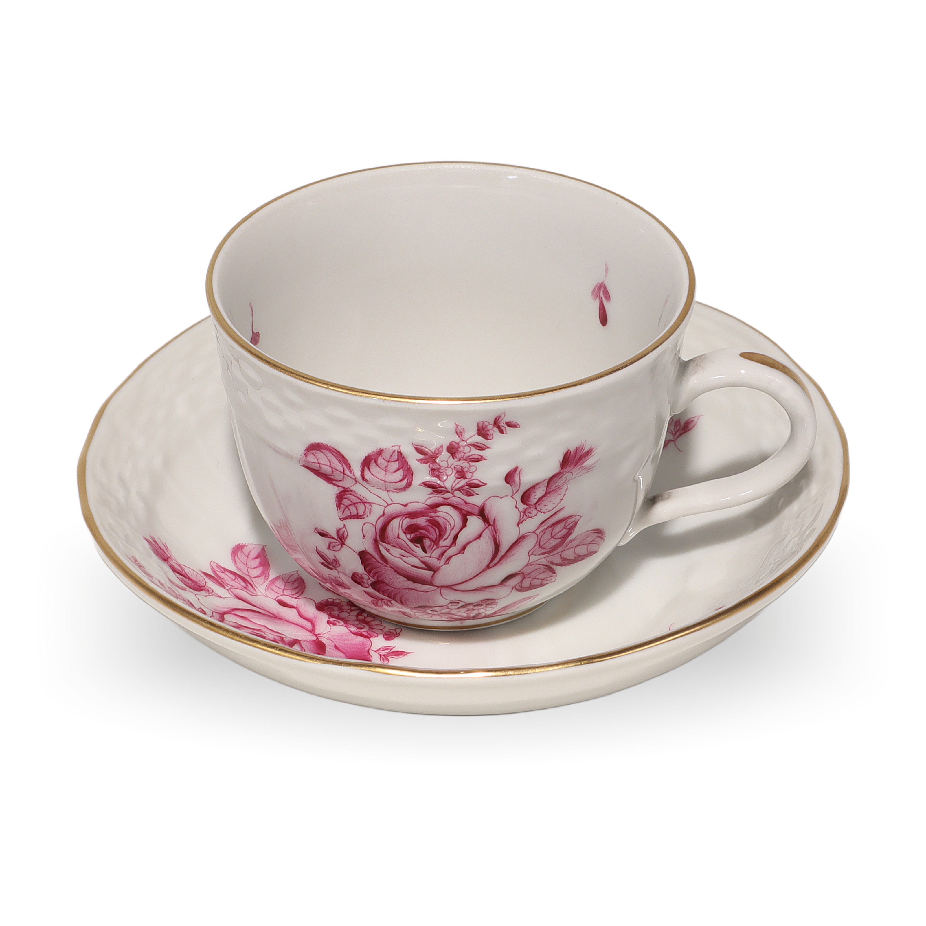 Herend Antique Raspberry Rose Coffee Cup and Saucer Detailed View Herend raspberry rose coffee cup and saucer with pink floral pattern and gold rim, detailed view