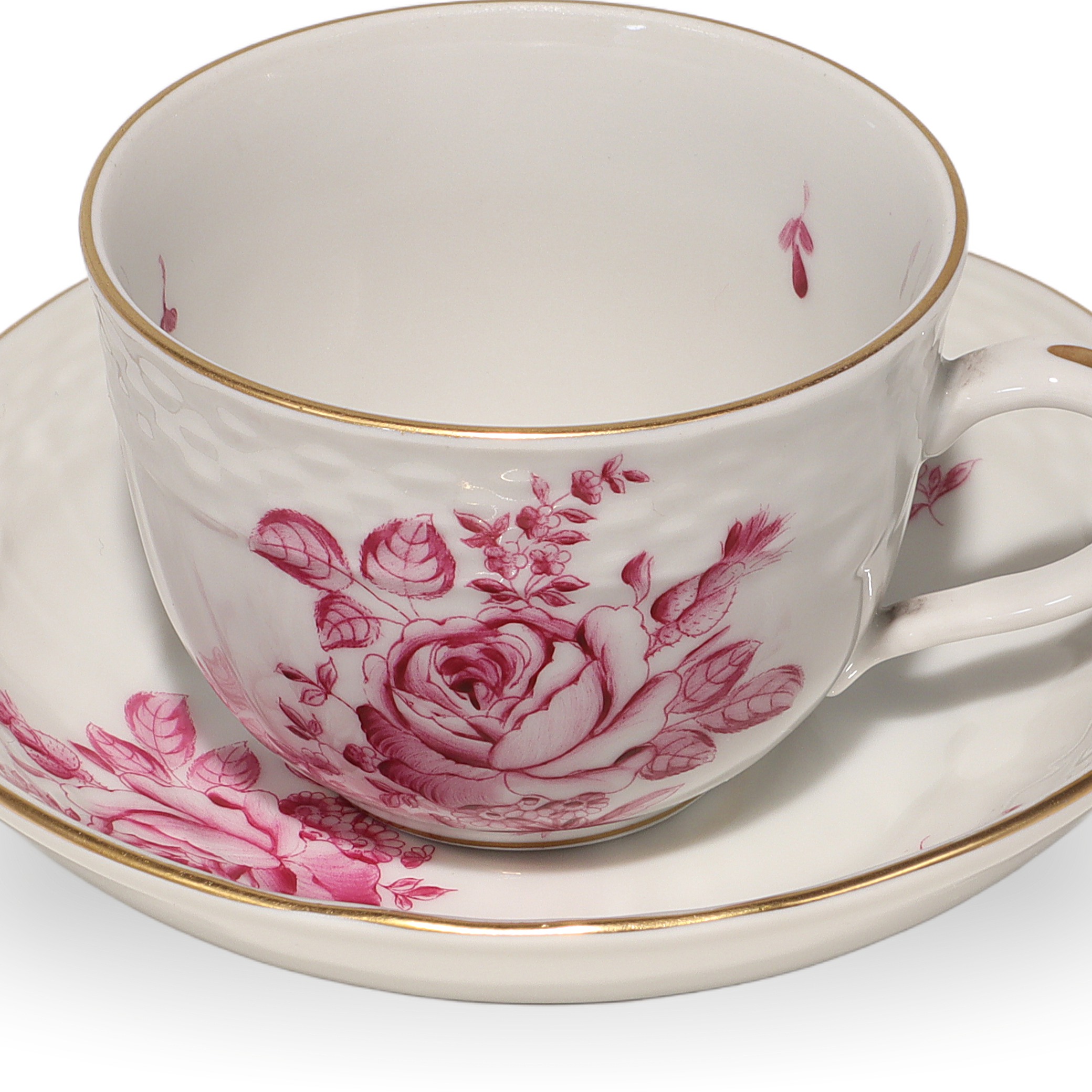 Herend Antique Raspberry Rose Coffee Cup and Saucer Detailed View Thumbnail for Herend Antique Raspberry Rose Coffee Cup Saucer - Porcelain - Hungary - Hand Painted - 1950s - Floral Motif