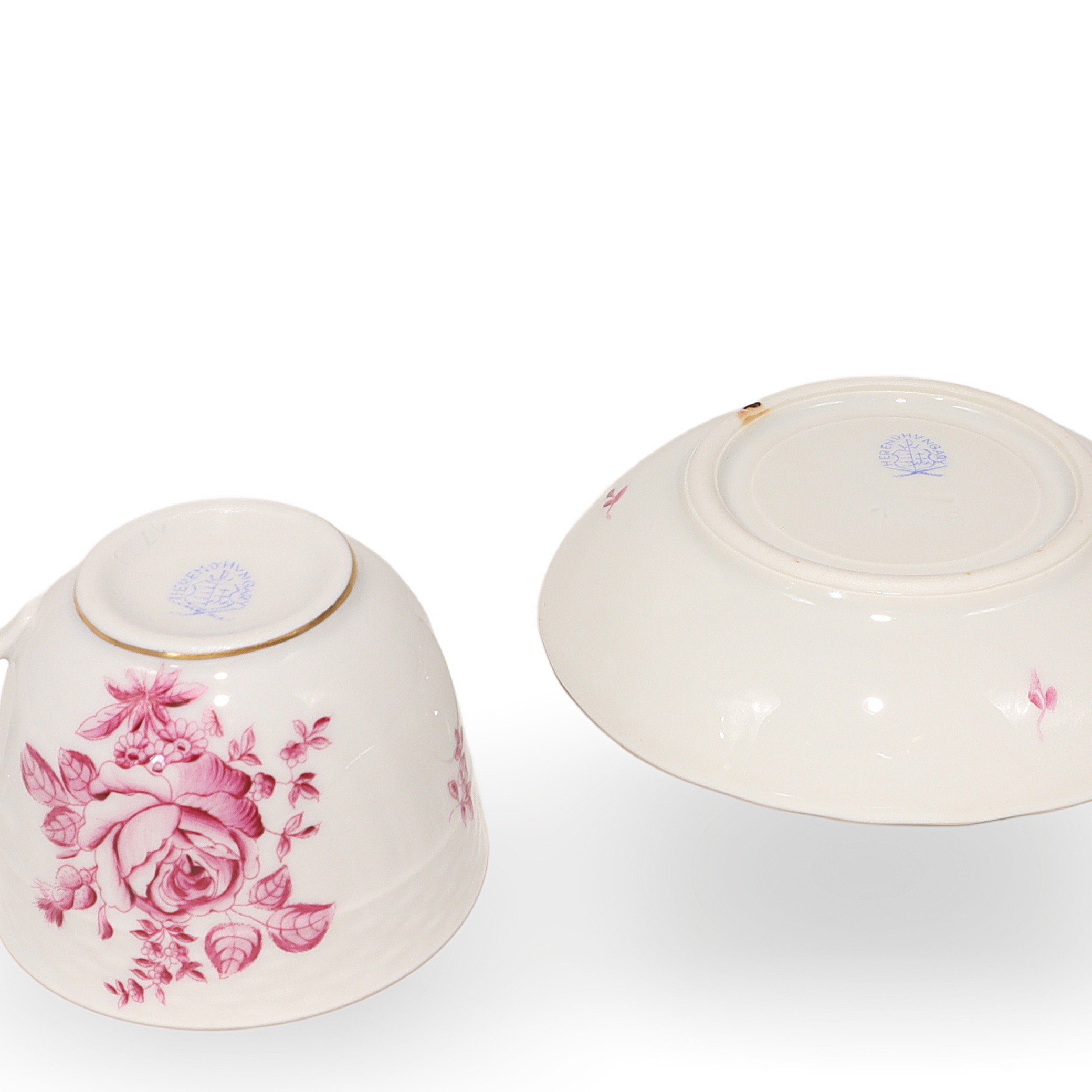 Herend Antique Raspberry Rose Coffee Cup Saucer Bottom View Thumbnail for Herend Antique Raspberry Rose Coffee Cup Saucer - Porcelain - Hungary - Hand Painted - 1950s - Floral Motif