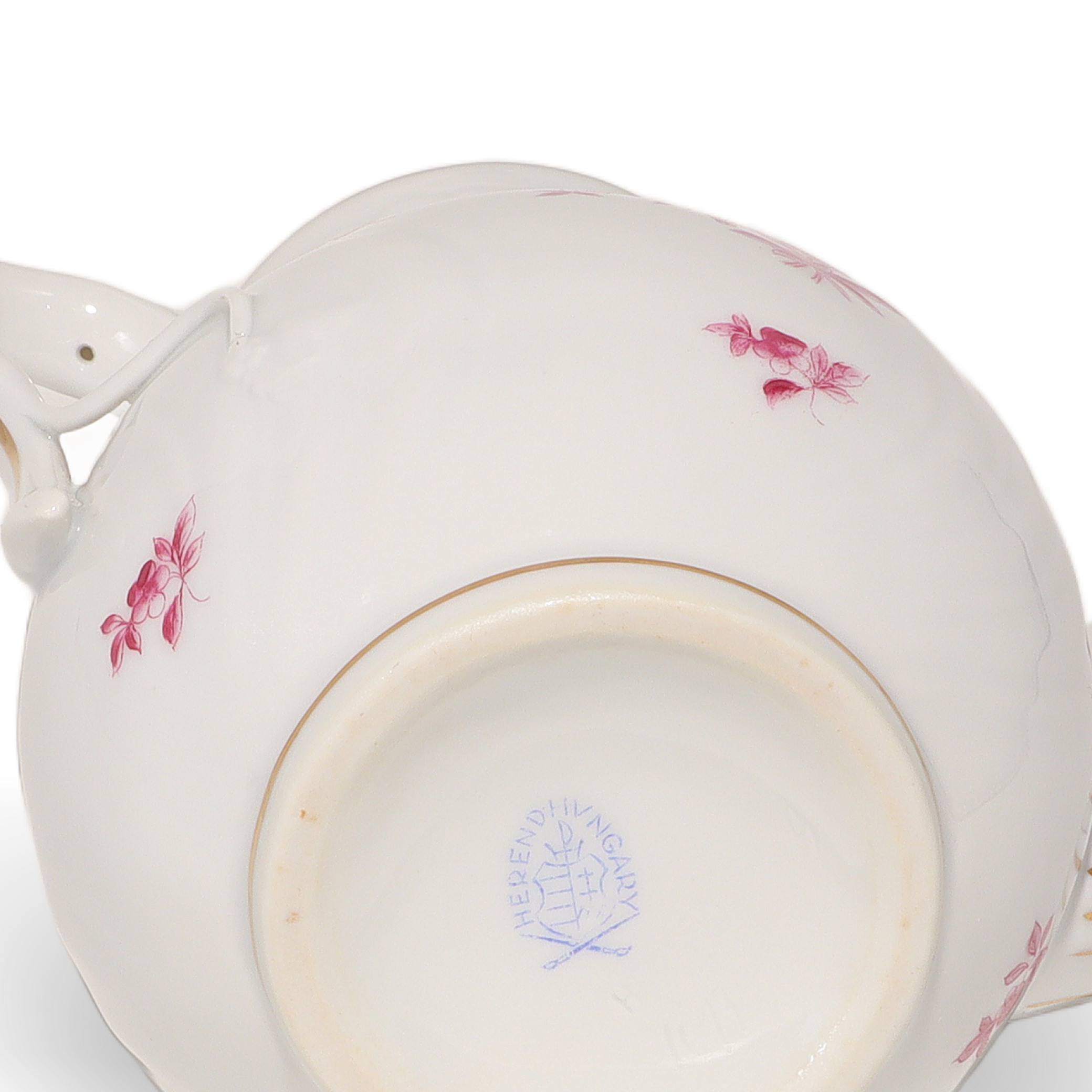 Herend Antique Raspberry Rose Coffee Cup Saucer Base Detailed View Thumbnail for Herend Antique Raspberry Rose Coffee Cup Saucer - Porcelain - Hungary - Hand Painted - 1950s - Floral Motif