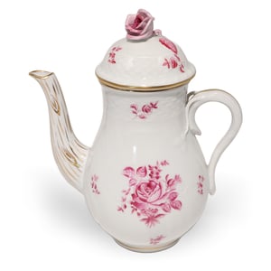 Herend raspberry rose teapot with pink floral pattern and porcelain rose lid, antique collectible tableware