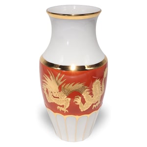 Herend Bakos Eva vase featuring gold dragon motif on red and white porcelain with gold accents