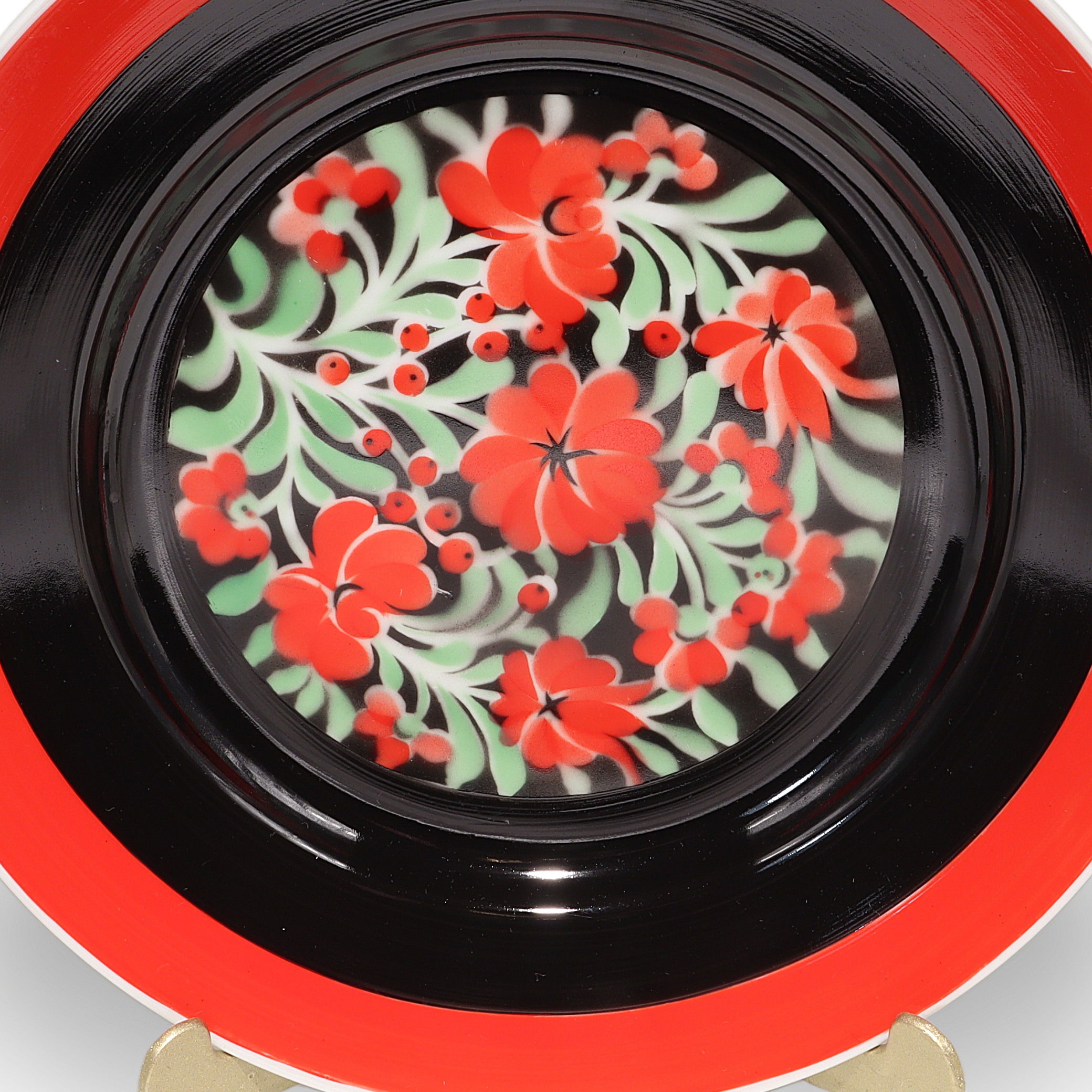 Hollohaza Decorative Plate Detailed View with Red Floral Pattern Thumbnail for Hollohaza Decorative Plate - Red Floral - Black Lacquer - Hand Painted - Hungarian Porcelain Wall Art