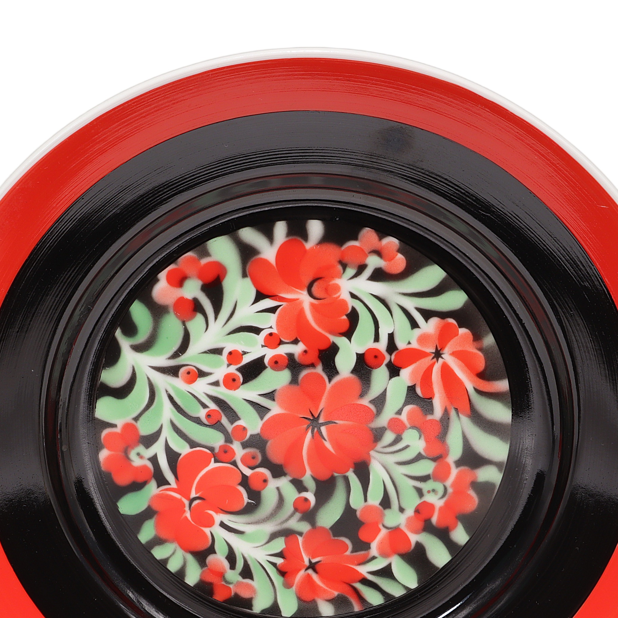 Hollohaza Decorative Plate Detailed View with Red Floral Pattern Thumbnail for Hollohaza Decorative Plate - Red Floral - Black Lacquer - Hand Painted - Hungarian Porcelain Wall Art