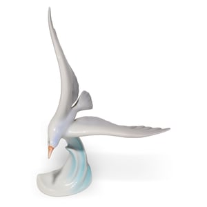 Hollohaza porcelain seagull bird figurine flying over wave, collectible decorative art piece