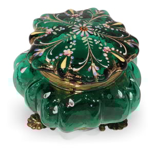 Moser glass Victorian enamel box with green floral design, close up of hand-painted antique decorative art
