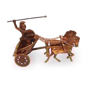Roman chariot copper figurine with warrior and horses, antique war collectible detailed view