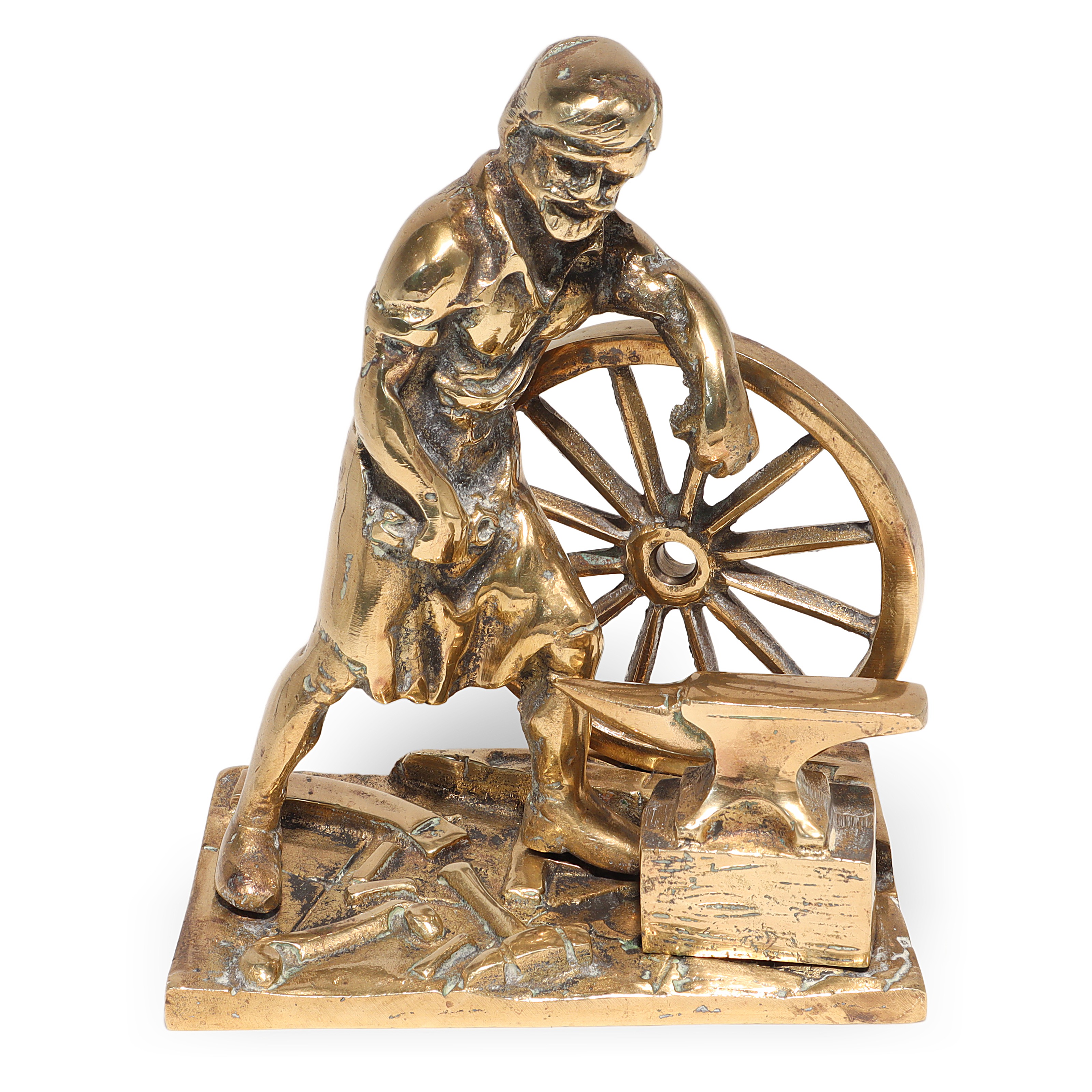 Brass Blacksmith figurine anvil wheel sculpture vintage metal art detailed craftsmanship