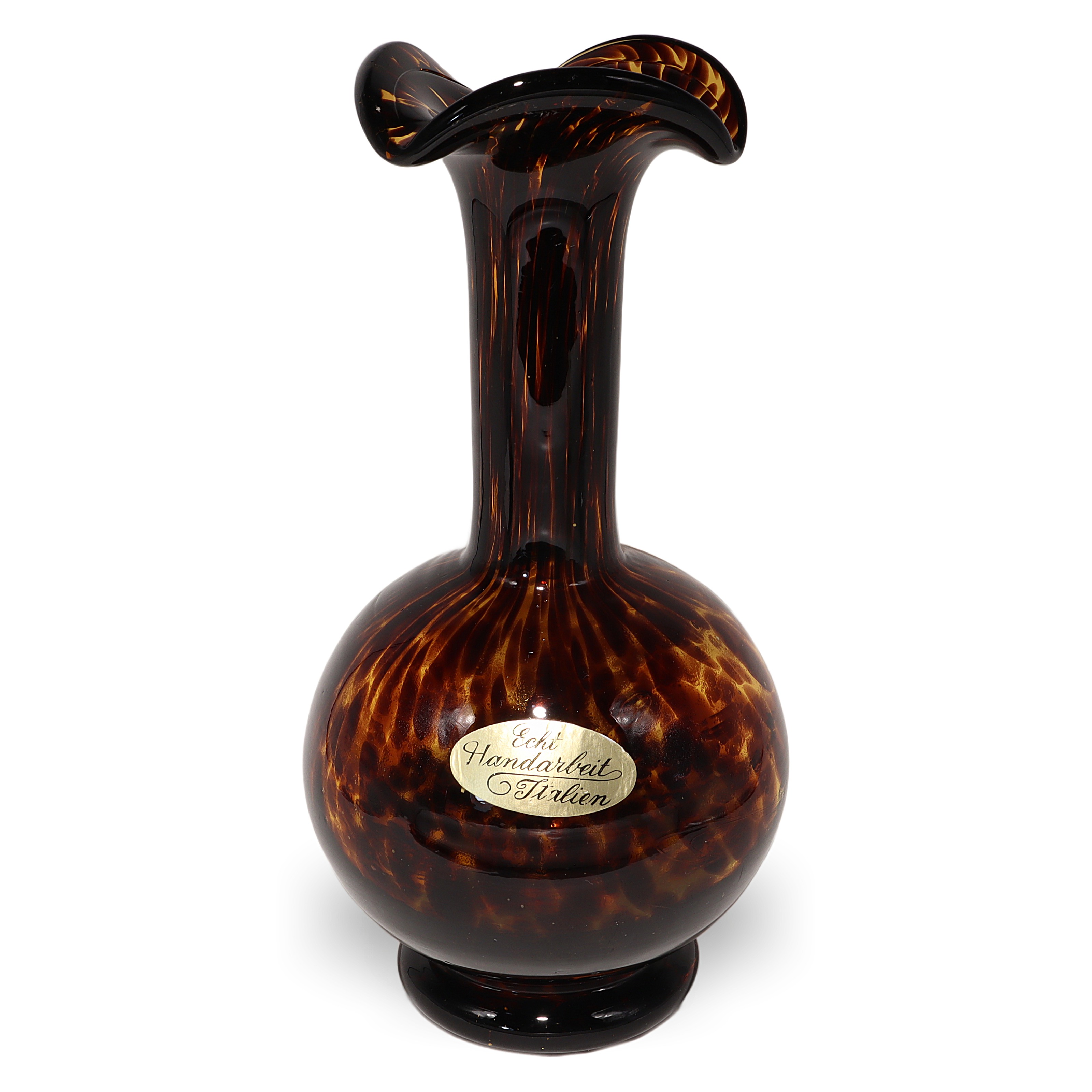 Murano tortoise shell art glass vase with flared rim, vintage Empoli Italian handblown decorative vase