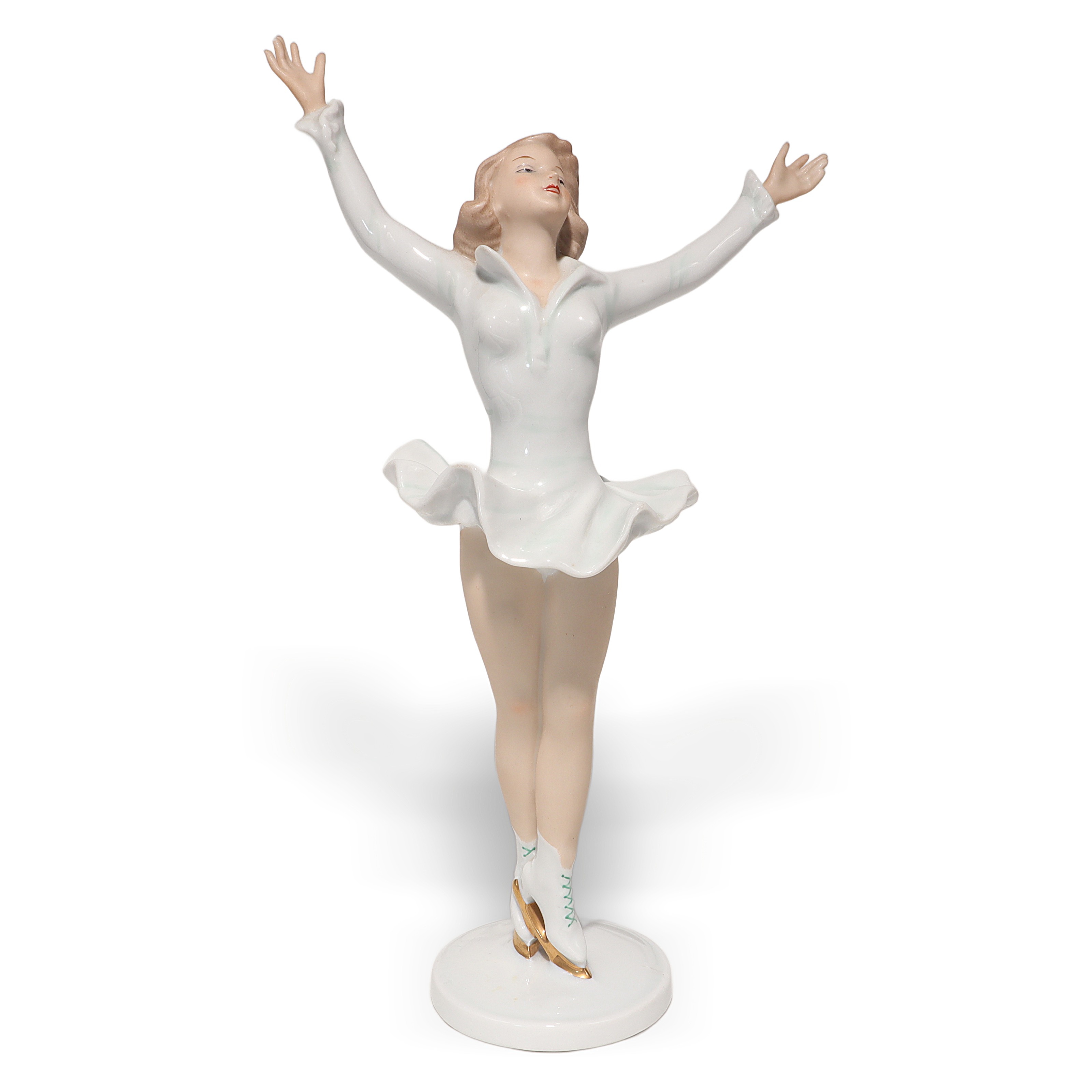 Wallendorf porcelain ice skater figurine vintage collectible, elegant female figure skating statue in white dress