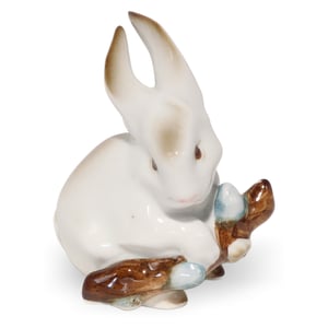 Zsolnay porcelain bunny figurine detailed view, vintage collectible rabbit ceramic ornament
