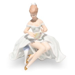 Wallendorf ballerina porcelain figurine in white dress holding fan, vintage collectible ballet dancer statue
