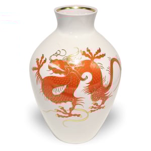 Wallendorf porcelain vase featuring intricate red dragon design, luxury collectible European ceramic decor