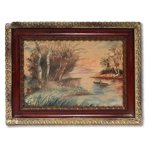 Kovacs Antal watercolor landscape painting with rowboat and sunset in ornate antique frame