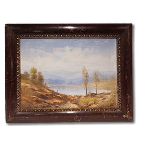 Antique landscape oil painting rustic 19th century wooden panel framed artwork serene countryside scene