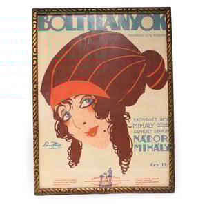 Art Deco poster vintage theater advertisement Boltilanyok with ornate frame and illustrated woman