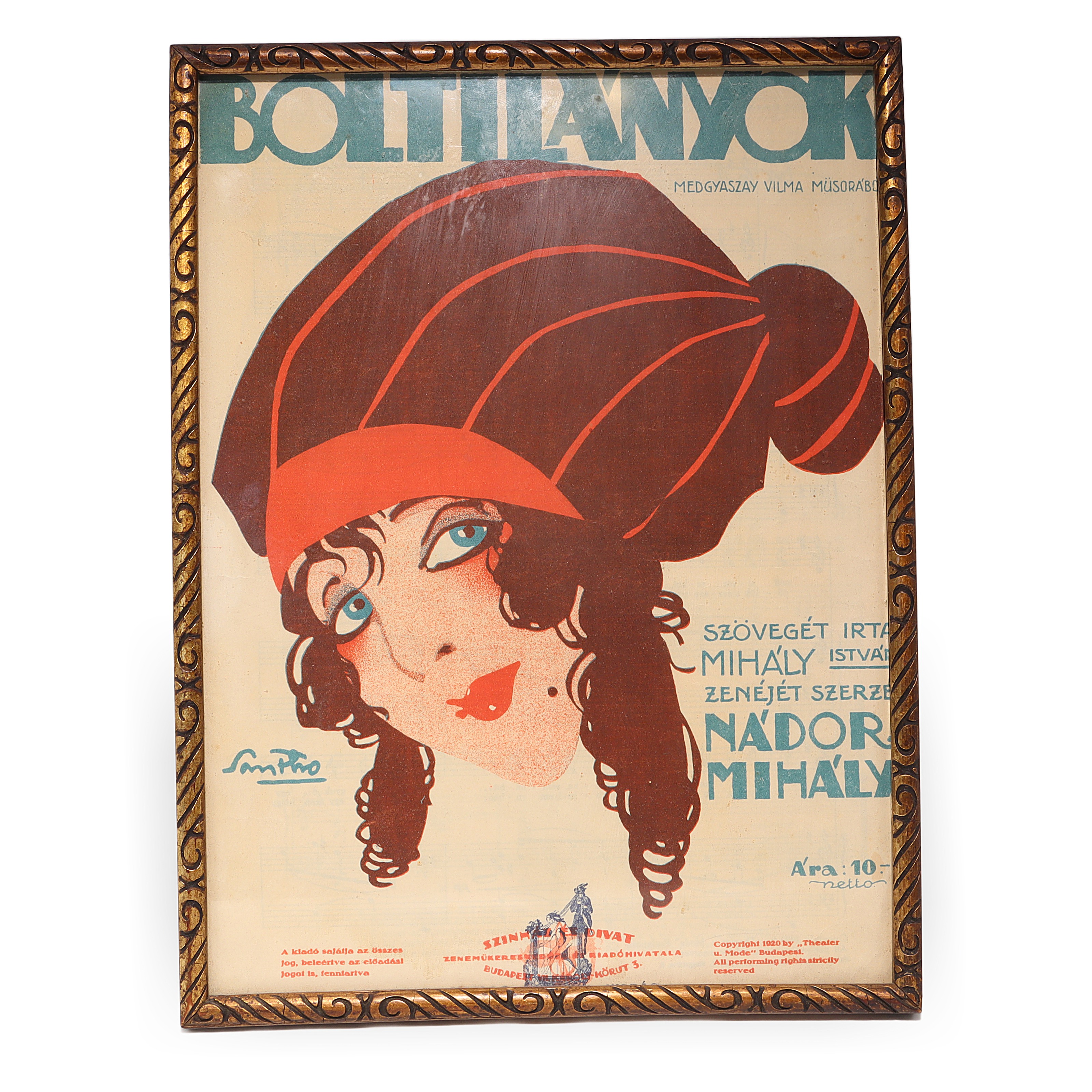 Art Deco Antique Theater Poster Boltilanyok Framed Art Deco poster vintage theater advertisement Boltilanyok with ornate frame and illustrated woman