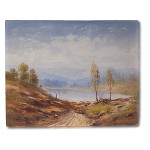 Buza S landscape oil painting vintage panel serene countryside lake scene