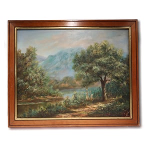 Kolosy landscape oil painting pastoral woods scene with trees, river, and mountains in wooden frame