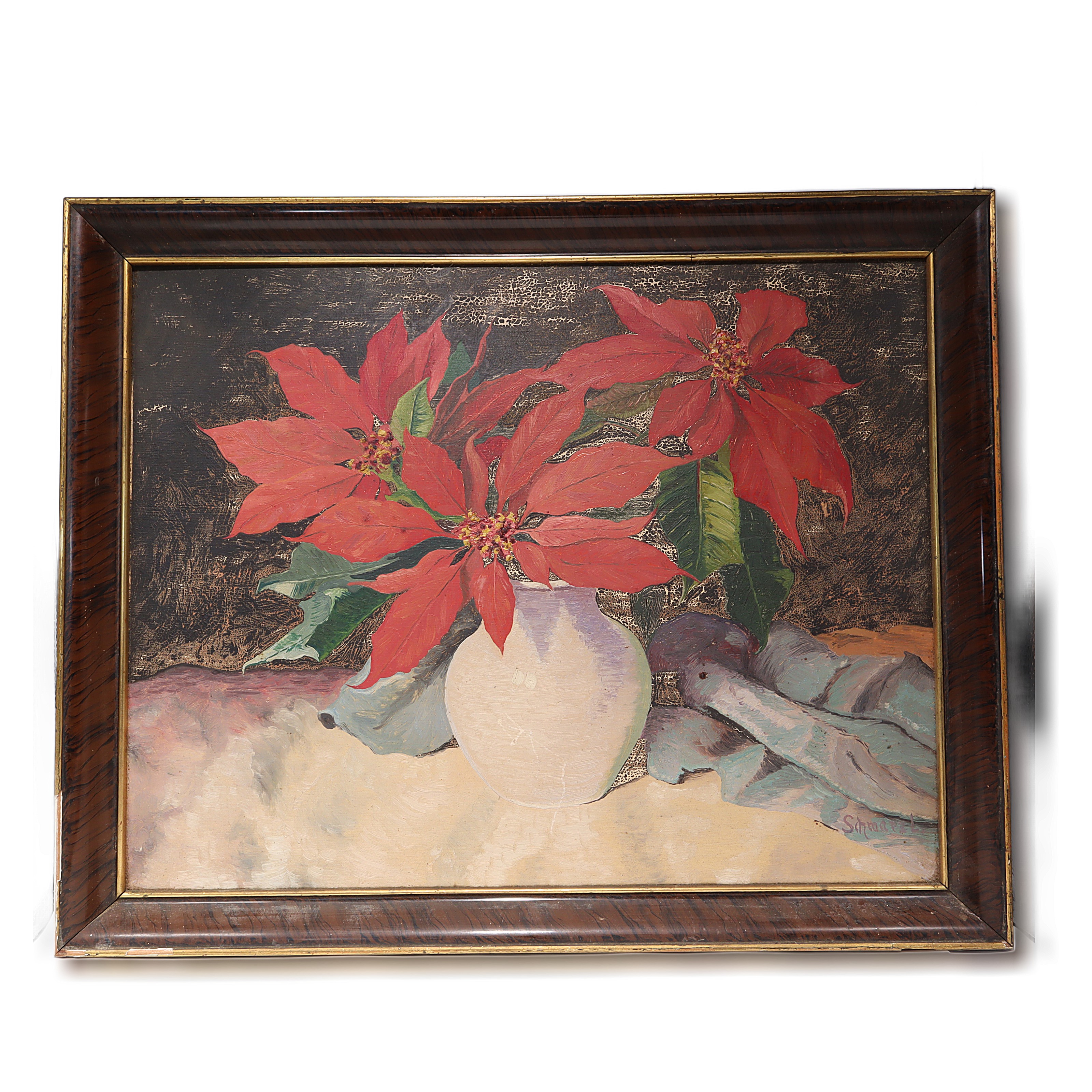 Schwarz red flowers oil painting in frame, signed original floral art with vase