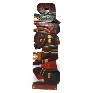 Aztec wall plaque detailed view of hand-carved vintage wooden art with traditional Aztec design and colorful accents