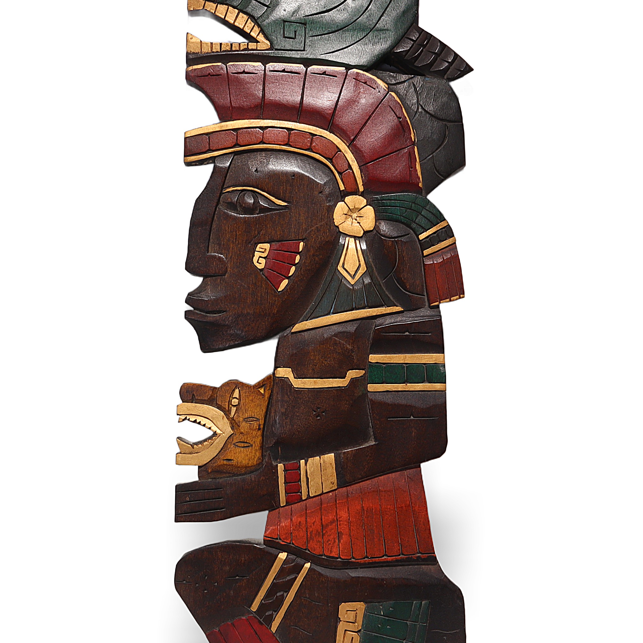 Detailed View of Vintage Aztec Wall Plaque Thumbnail for Vintage Aztec Wall Plaque - Hand Carved Mayan Warrior - Tribal Mask - Boho Wall Art