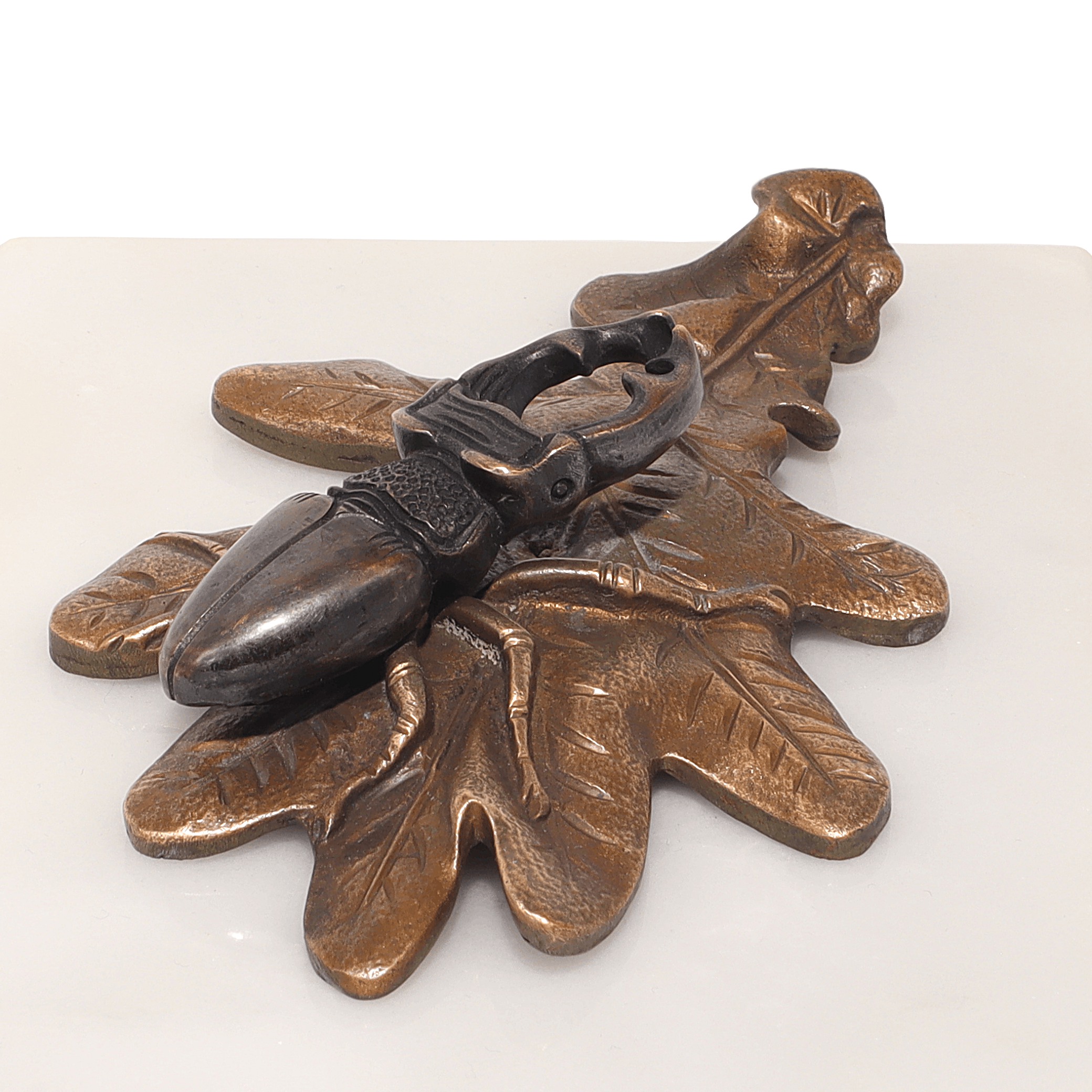 Vintage Bronze Stag Beetle Paperweight on Oak Leaf Design Close Up Thumbnail for Vintage Bronze Stag Beetle Paperweight Oak Leaf Design