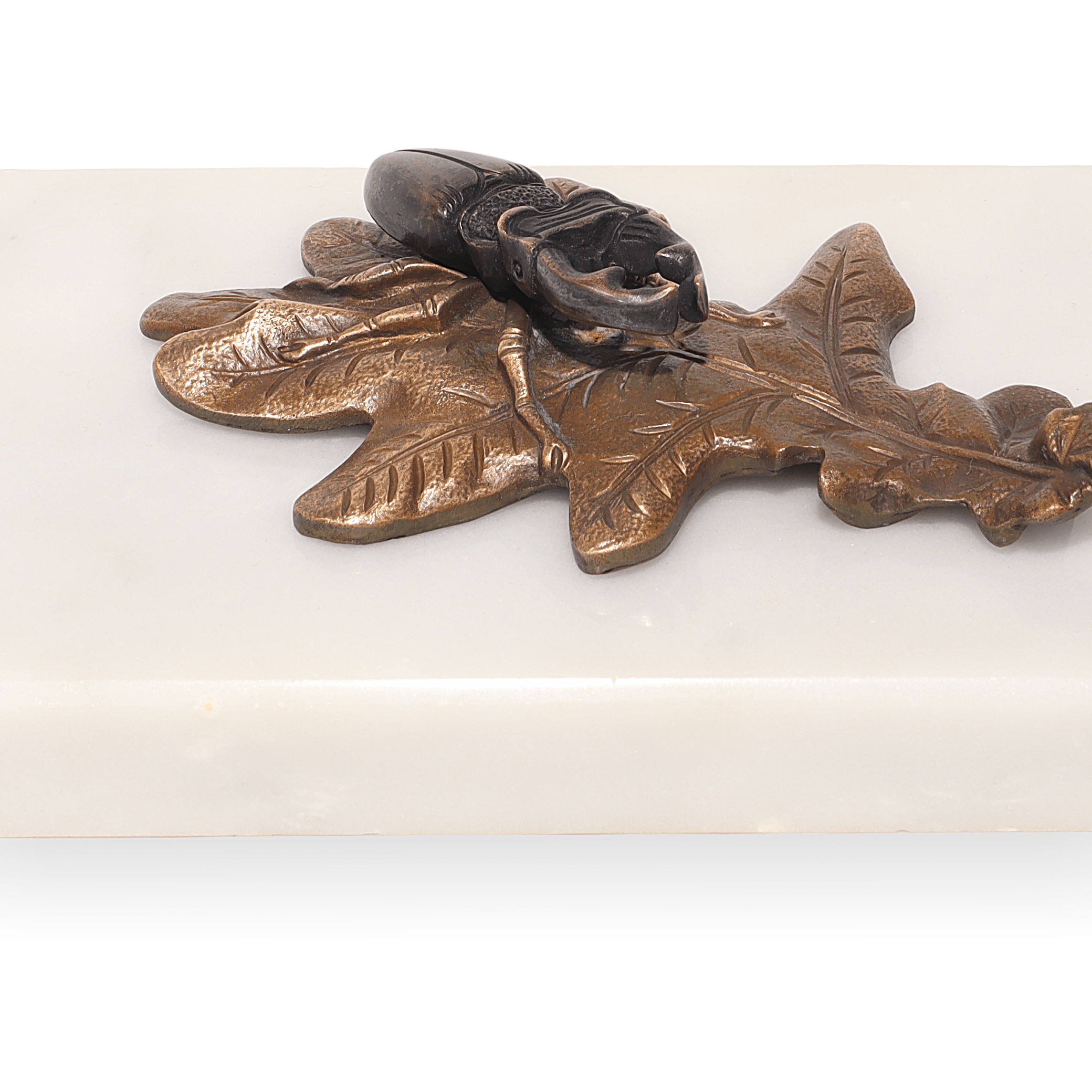 Detailed View Vintage Bronze Stag Beetle Paperweight on Oak Leaf Design Thumbnail for Vintage Bronze Stag Beetle Paperweight Oak Leaf Design