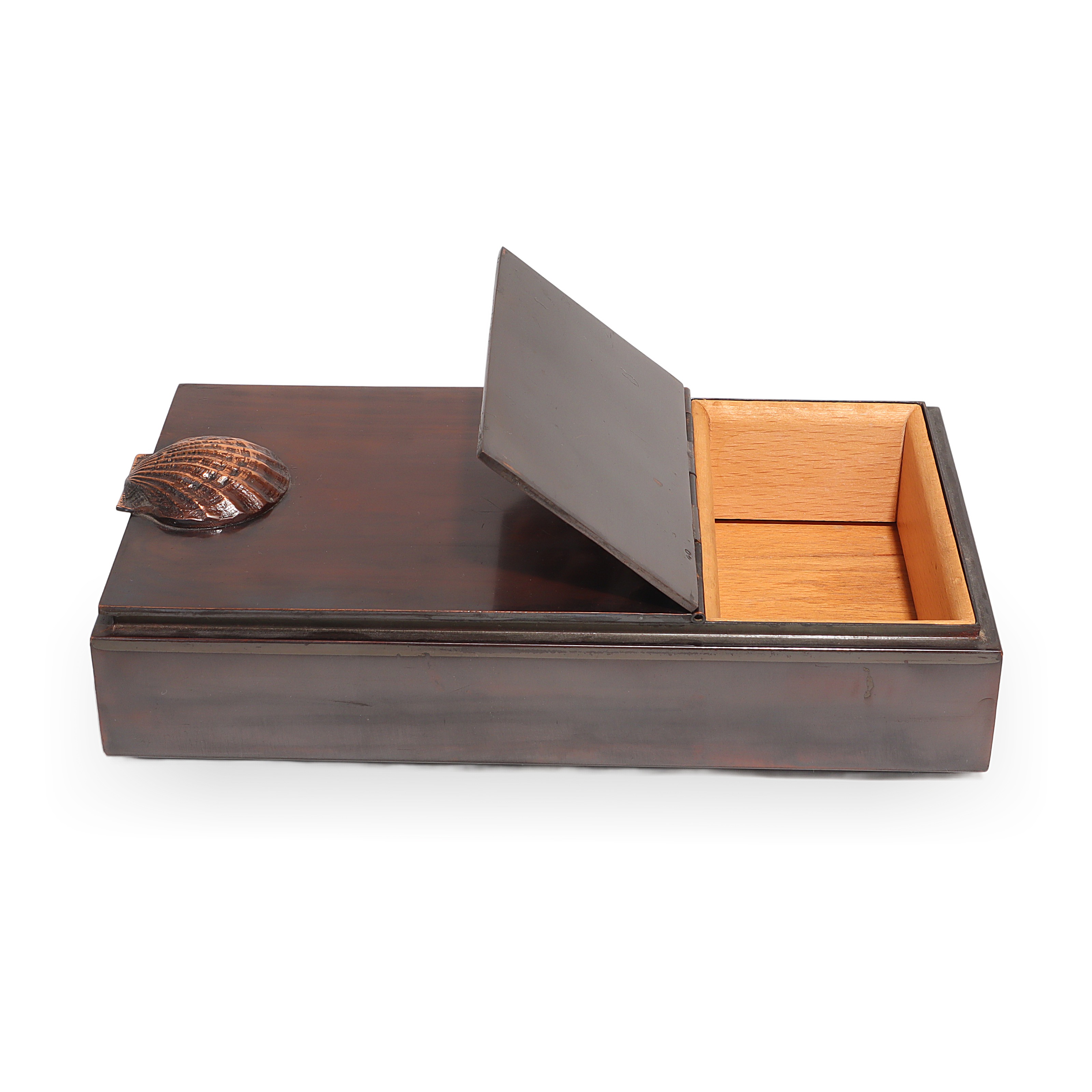 Vintage Bronze Tobacco Box with Shell Motif Open Lid Thumbnail for Vintage Bronze Tobacco Box With Shell Motif - Mid Century Decorative Accent