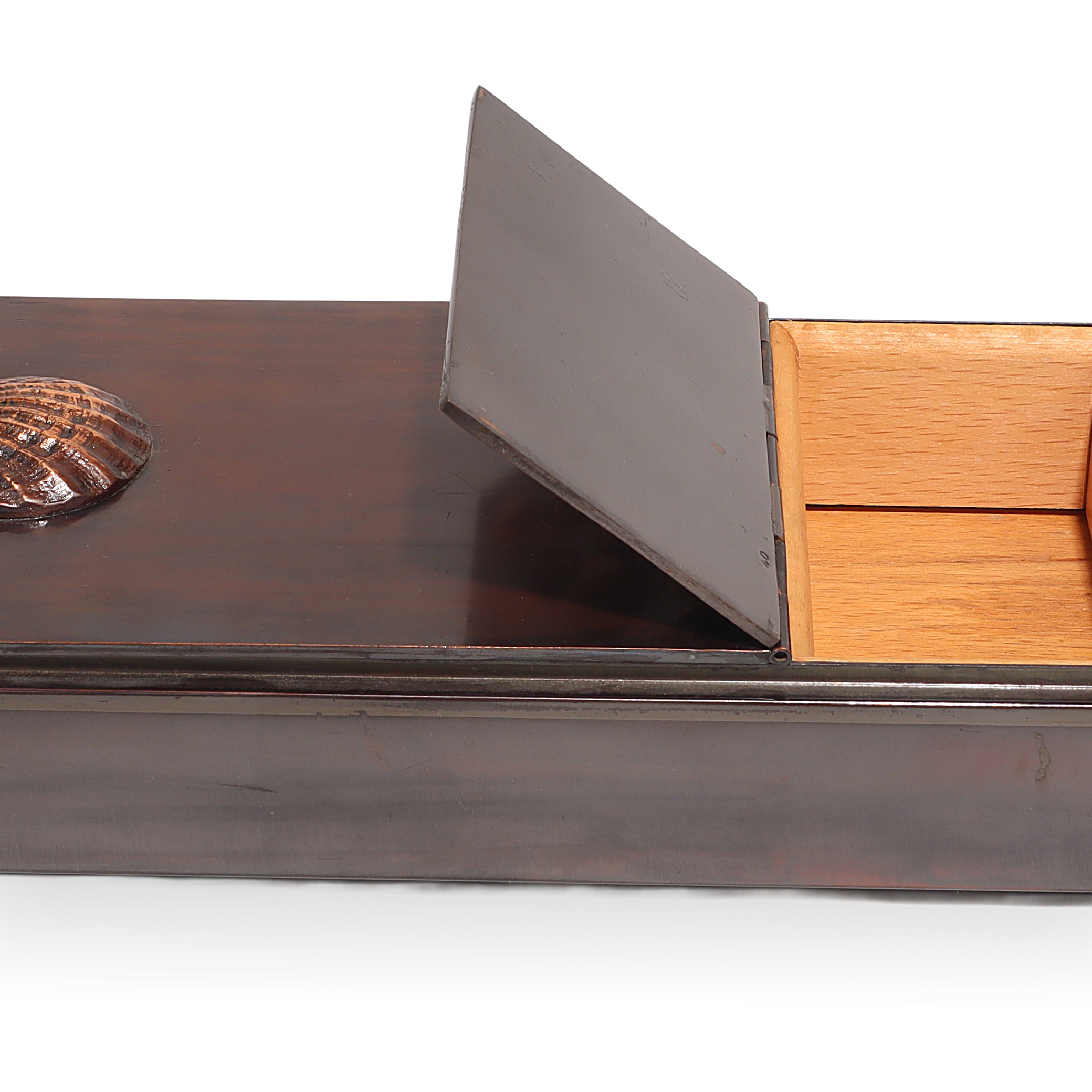 Vintage Bronze Tobacco Box with Shell Motif Detailed View Thumbnail for Vintage Bronze Tobacco Box With Shell Motif - Mid Century Decorative Accent