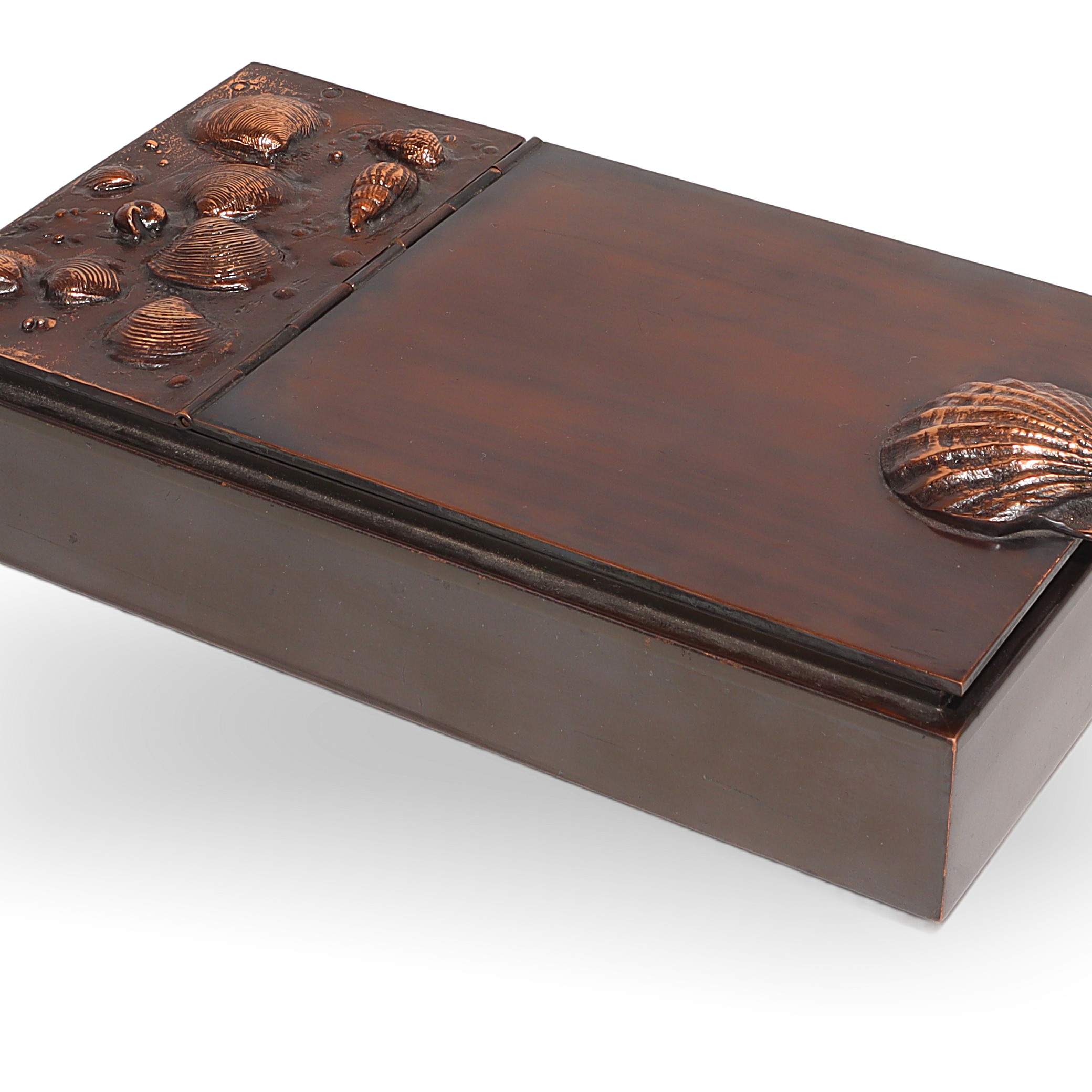 Vintage Bronze Tobacco Box with Shell Motif Detailed View Thumbnail for Vintage Bronze Tobacco Box With Shell Motif - Mid Century Decorative Accent