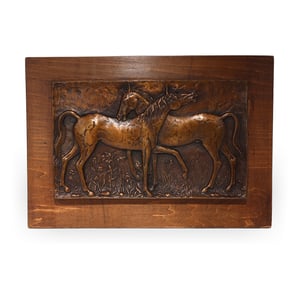 Equestrian bronze relief plaque vintage horse artwork by Pato Roza on wood panel