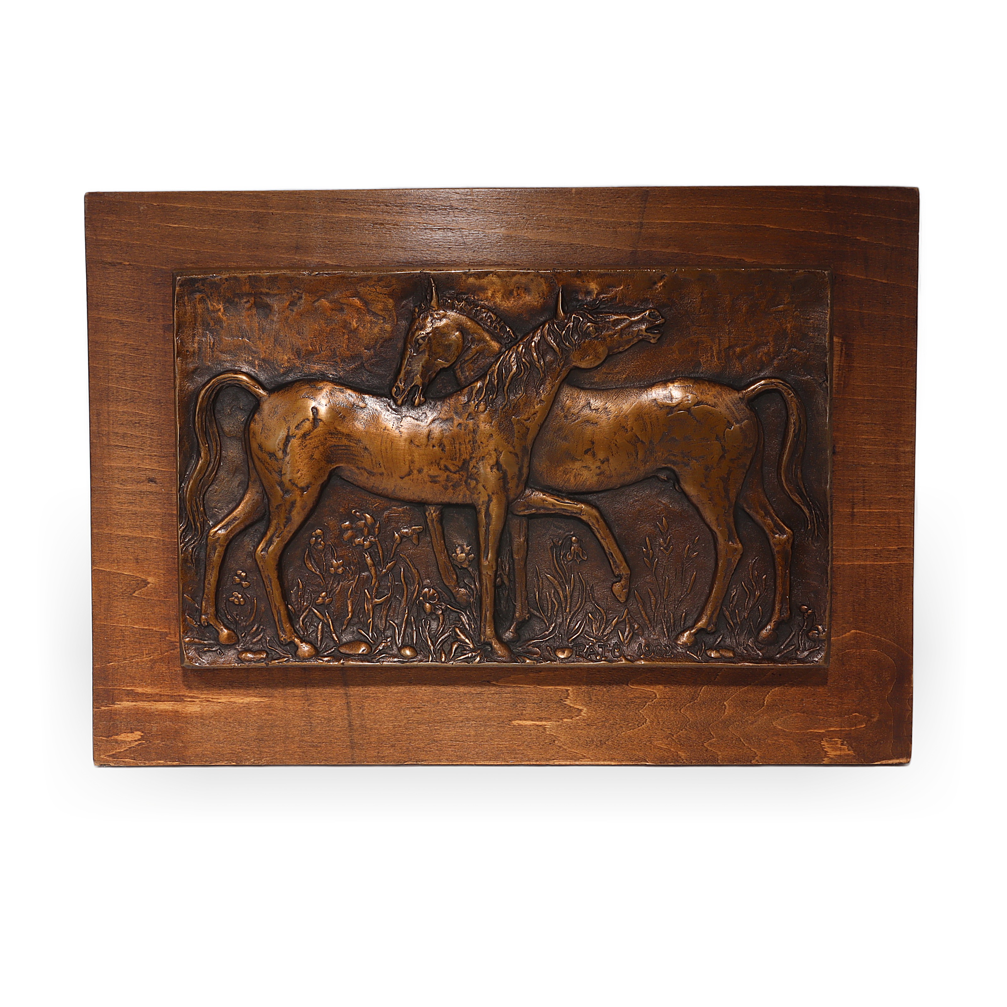 Equestrian bronze relief plaque vintage horse artwork by Pato Roza on wood panel