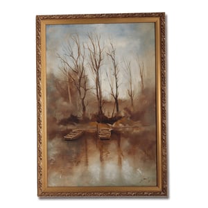 Gemes J landscape oil painting vintage framed river scene with boats and trees
