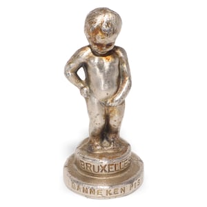 Manneken Pis vintage Brussels souvenir statue close up, metallic collectible figurine