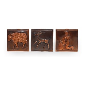 Zodiac copper wall art set featuring Aries, Capricorn, and Aquarius embossed designs, vintage home decor