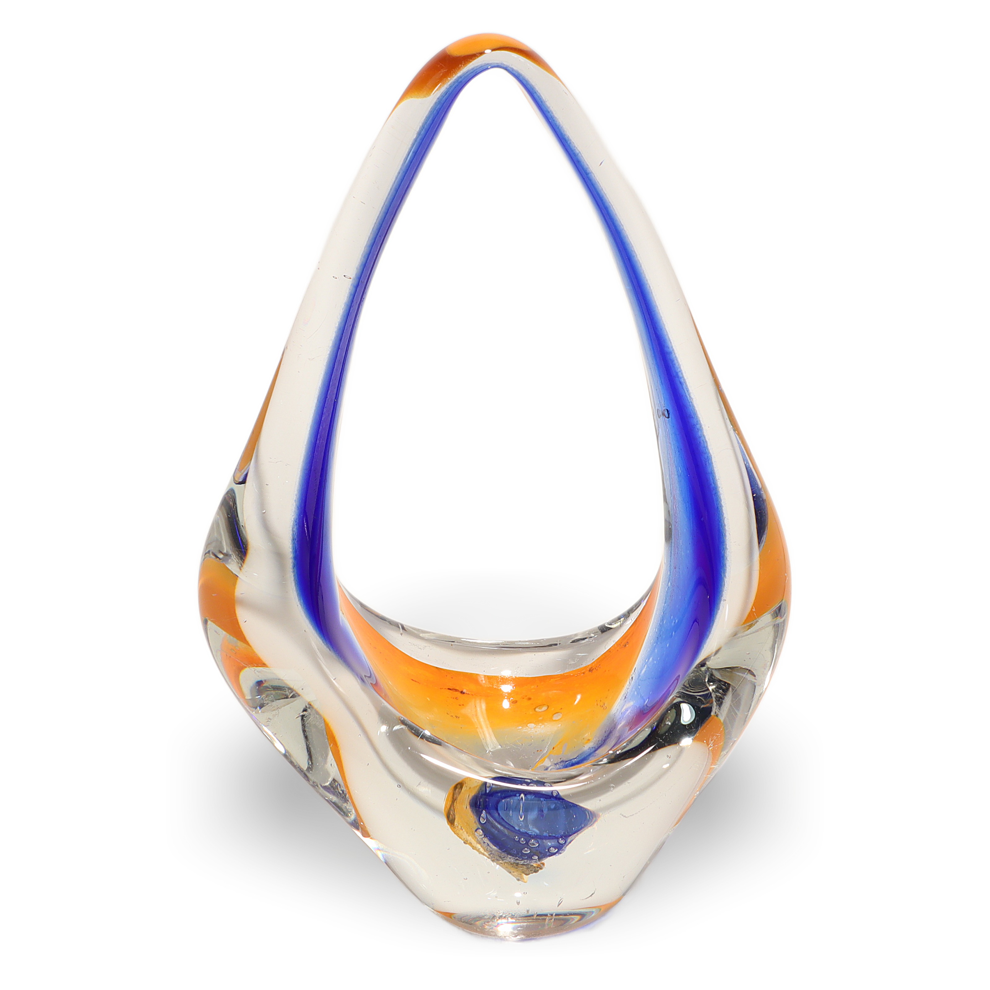 Bohemia glass abstract art sculpture with blue and orange accents, vintage centerpiece decor