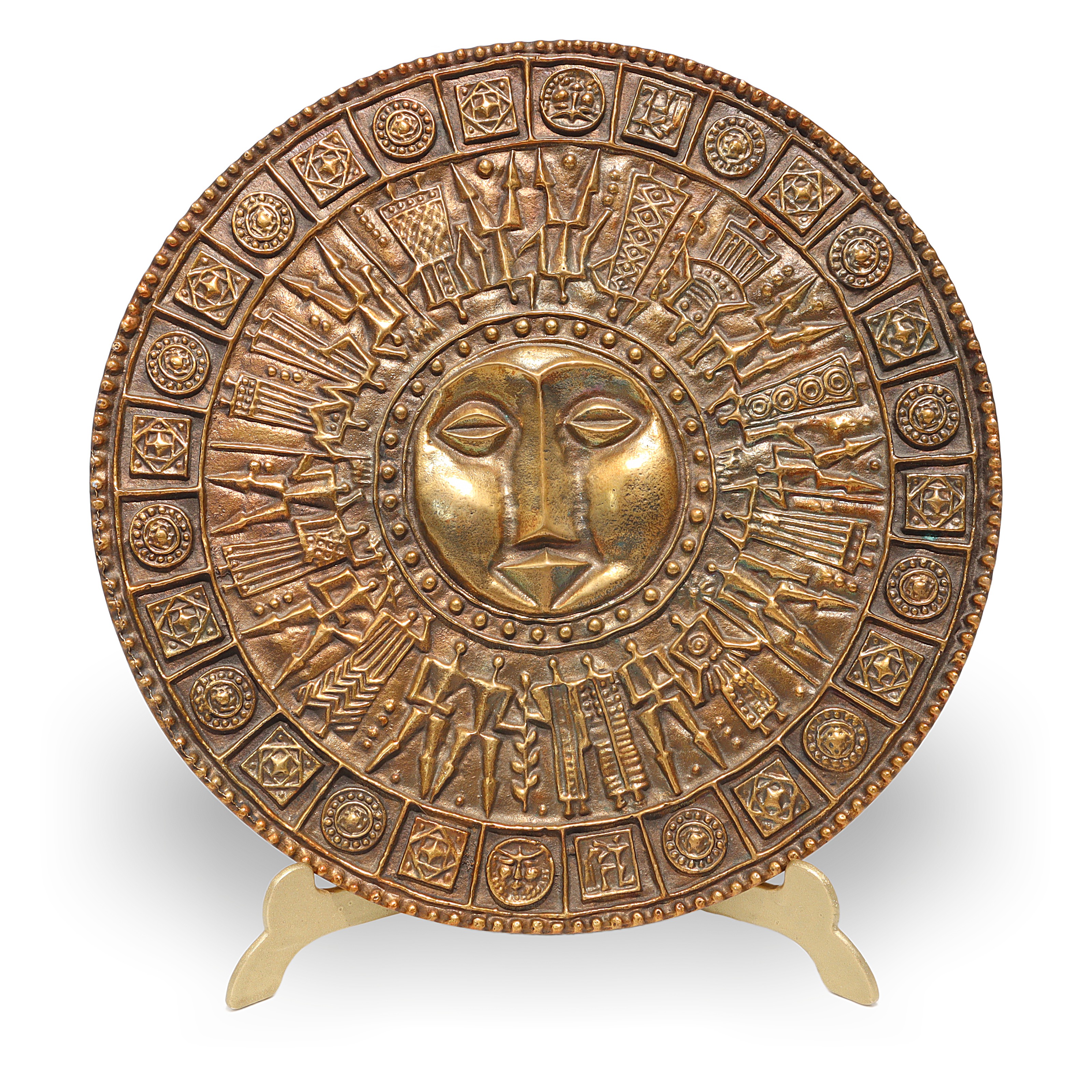 Bronze Relief Papp Zoltan vintage handmade sun face decorative plate detailed view