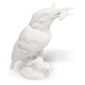 Herend kingfisher porcelain bird figurine art deco white close up, luxury collectible ceramic bird statue