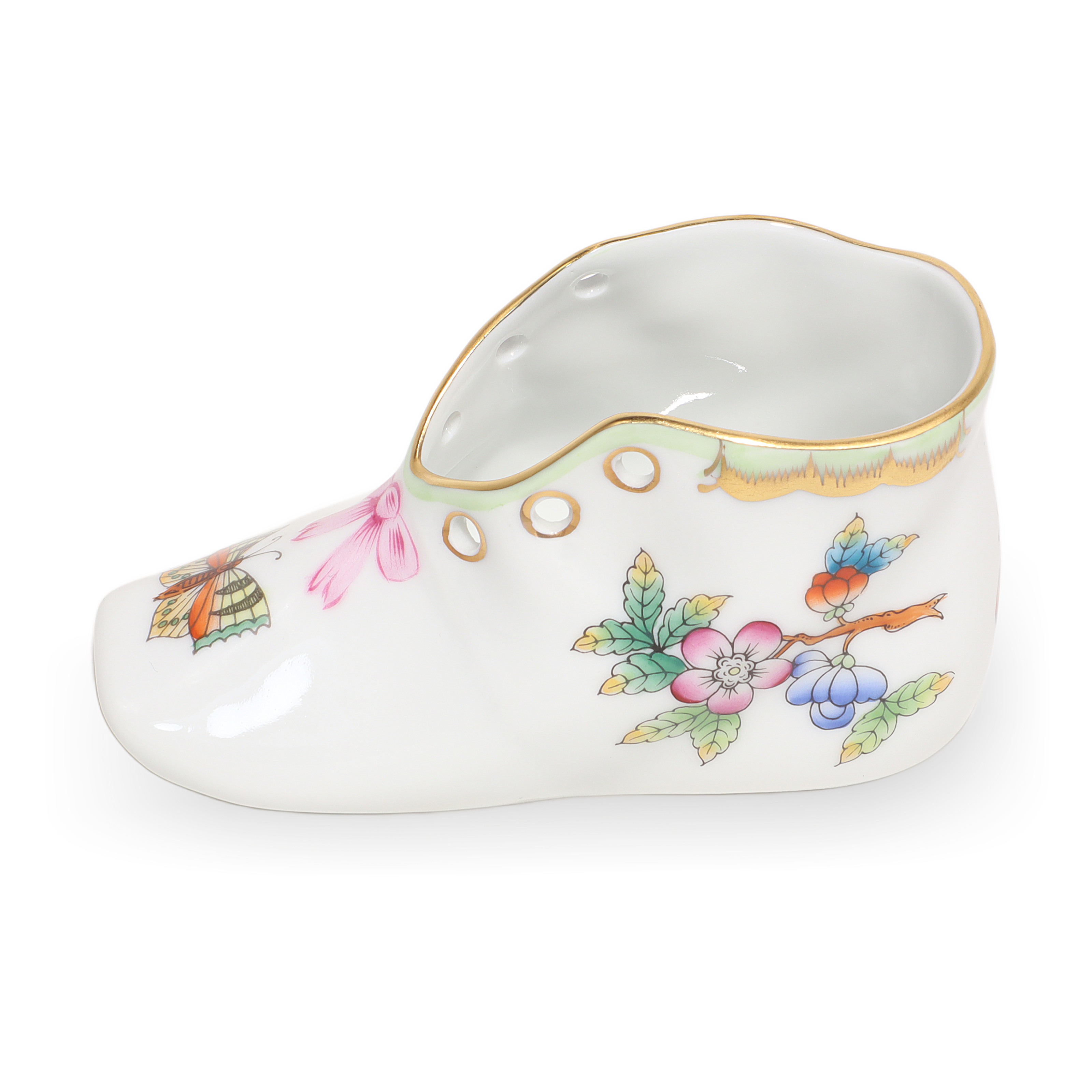Herend porcelain baby shoe with hand painted floral and butterfly design, vintage collectible detailed view