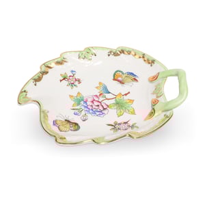 Herend Queen Victoria porcelain leaf dish with hand painted floral and butterfly pattern, luxury collectible decorative plate