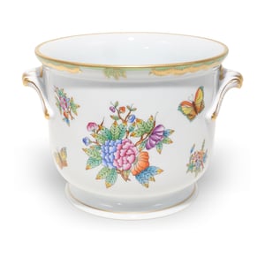 Herend Queen Victoria cachepot porcelain planter with hand-painted floral and butterfly design, luxury decorative home accent