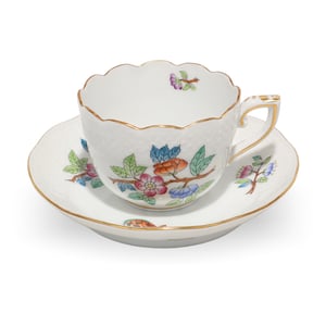 Herend Queen Victoria coffee cup and saucer set, hand painted porcelain with floral pattern, vintage collectible tableware