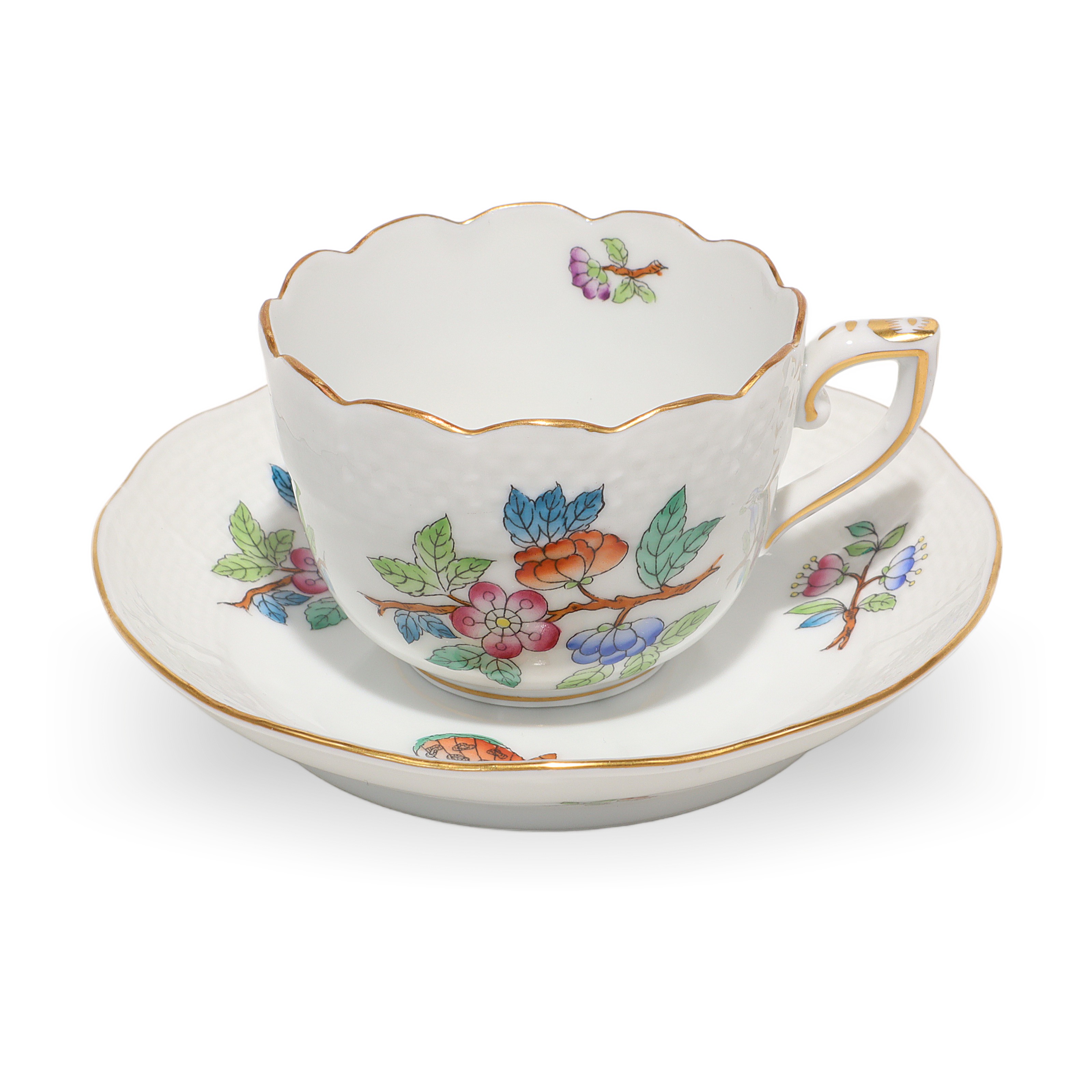 Herend Queen Victoria Coffee Cup and Saucer Set Hand Painted Vintage Herend Queen Victoria coffee cup and saucer set, hand painted porcelain with floral pattern, vintage collectible tableware