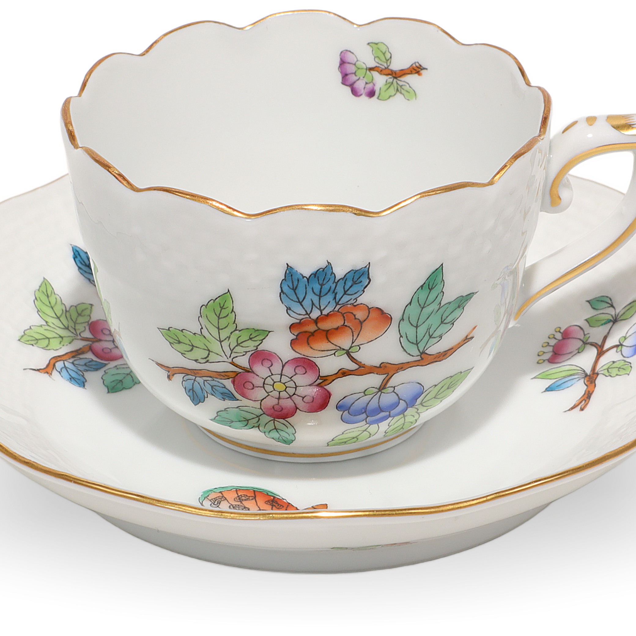 Herend Queen Victoria Coffee Cup and Saucer Set Detailed View Hand Painted Vintage Thumbnail for Herend Queen Victoria Coffee Cup And Saucer Set - Hand Painted Vintage Mocha Party