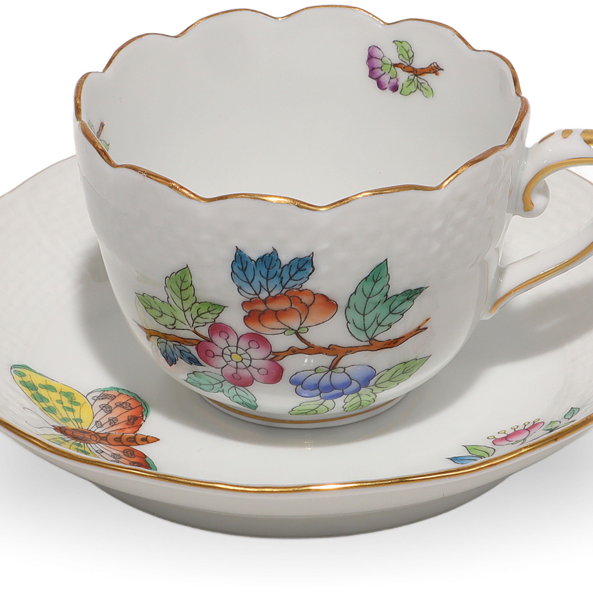 Herend Queen Victoria Coffee Cup and Saucer Set Hand Painted Vintage Detailed View Thumbnail for Herend Queen Victoria Coffee Cup And Saucer Set - Hand Painted Vintage Mocha Party