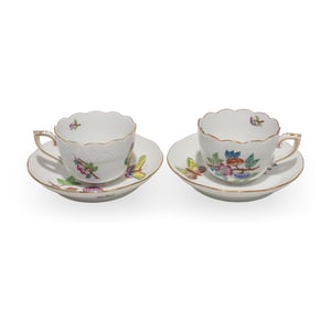 Herend Queen Victoria coffee cup and saucer set, hand painted porcelain, vintage butterfly floral pattern, two sets, collectible fine china
