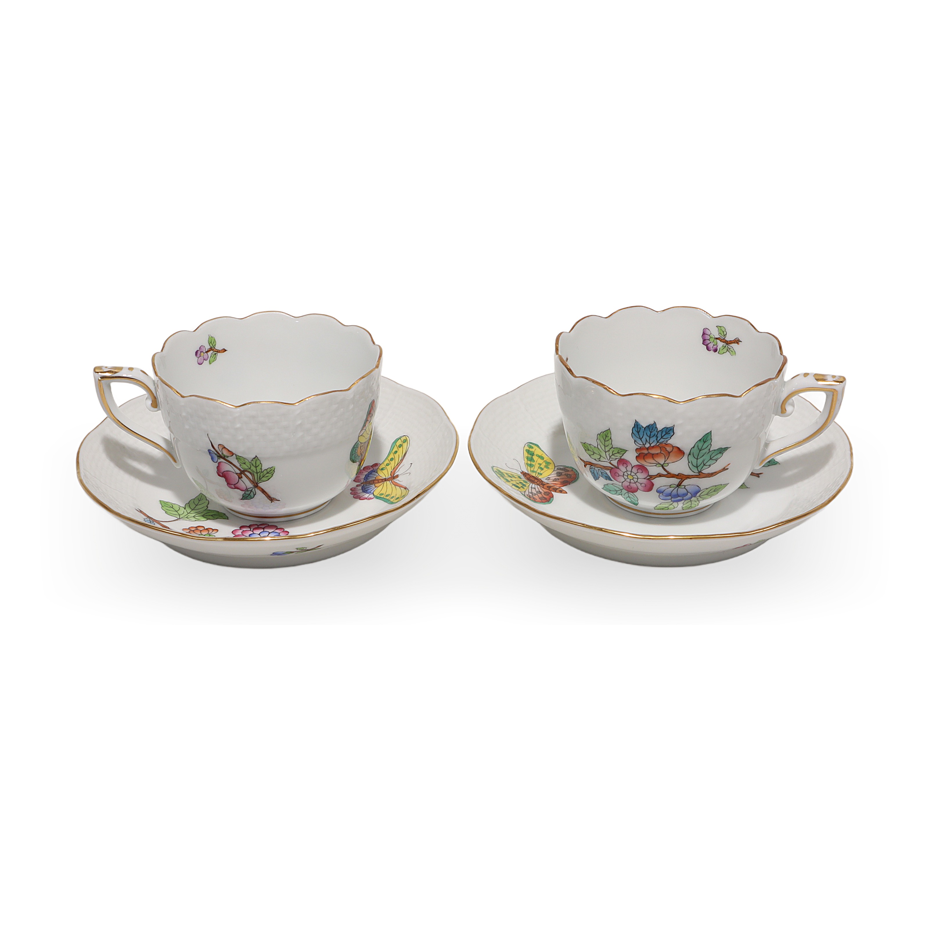 Herend Queen Victoria coffee cup and saucer set, hand painted porcelain, vintage butterfly floral pattern, two sets, collectible fine china