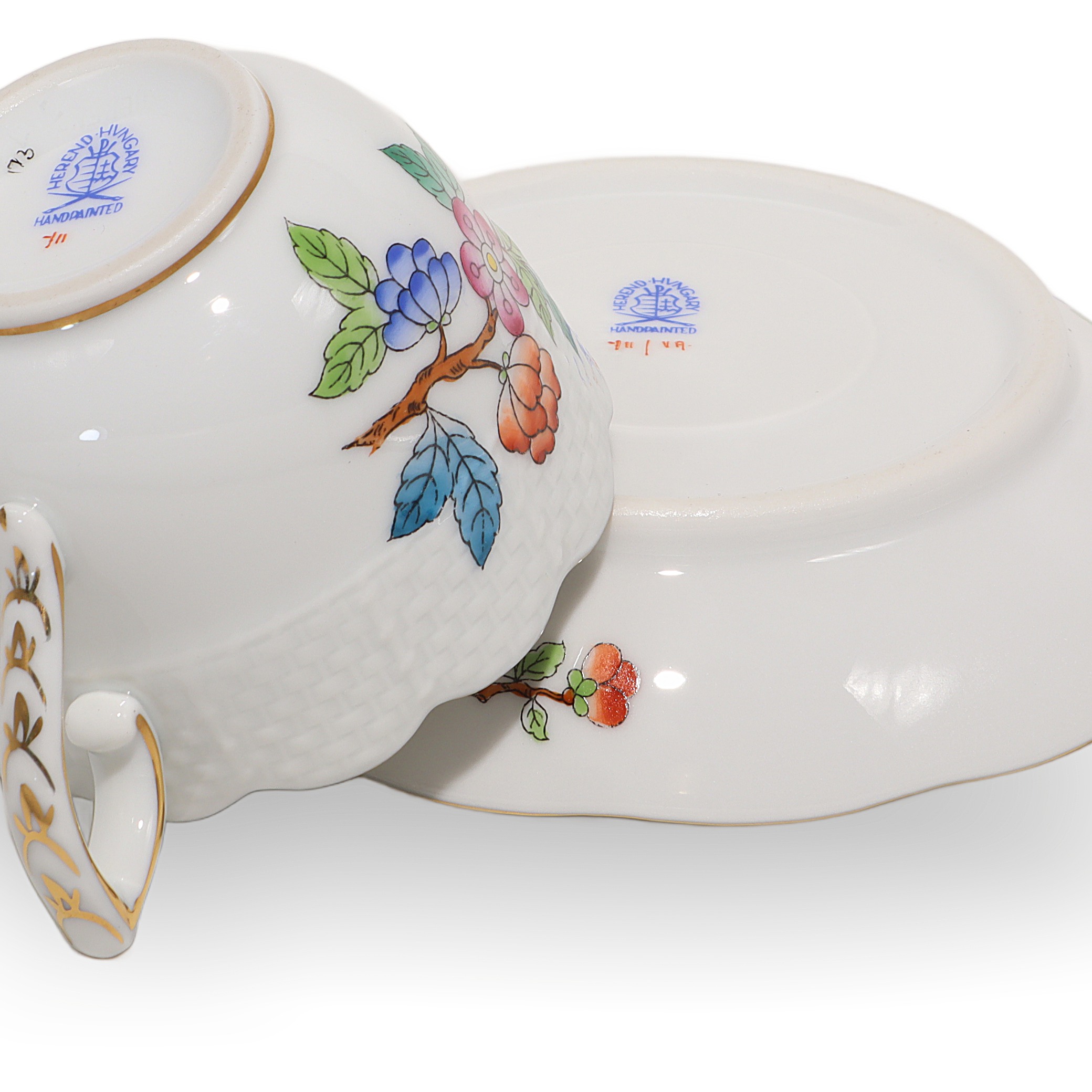 Thumbnail for Herend Queen Victoria Coffee Tete A Tete Cup And Saucer Set - Hand Painted Vintage 2 Sets